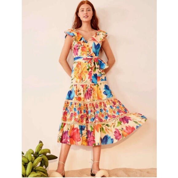 FARM Rio Dresses & Skirts - Farm Rio Marys Size Small Garden Floral Midi Dress Belted